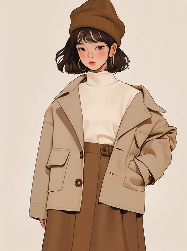 coat beige Illustration of a stylish woman in a beige coat, white turtleneck, brown skirt, and beanie, embodying chic autumn fashion. | Sky Rye Design Illustration of a stylish woman in a beige coat, white turtleneck, brown skirt, and beanie, embodying chic autumn fashion.