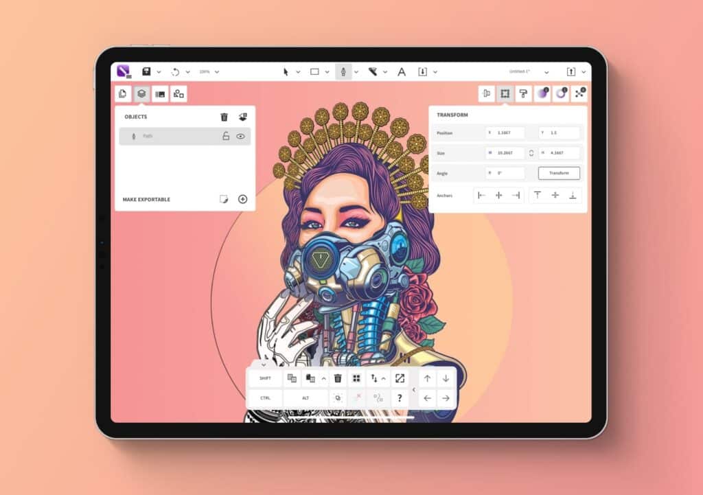 coreldraw2x Digital artwork displayed on tablet screen, featuring a futuristic, robotic woman with detailed design elements against a pink background. | Sky Rye Design Digital artwork displayed on tablet screen, featuring a futuristic, robotic woman with detailed design elements against a pink background.