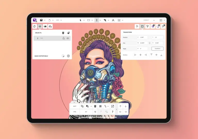 coreldraw_2x vector drawing apps: illustration of a woman in a futuristic mask displayed on a tablet screen with editing tools, set on a pink background. | Sky Rye Design vector drawing apps: illustration of a woman in a futuristic mask displayed on a tablet screen with editing tools, set on a pink background.
