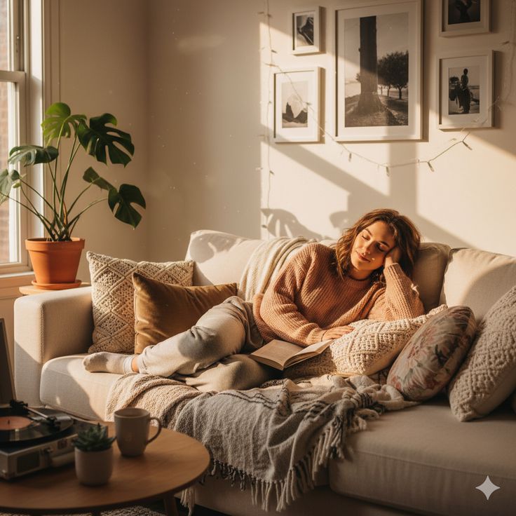 cozy in own apartment Cozy living room scene with a woman napping on a beige sofa, surrounded by cushions and plants, bathed in soft sunlight. | Sky Rye Design Cozy living room scene with a woman napping on a beige sofa, surrounded by cushions and plants, bathed in soft sunlight.