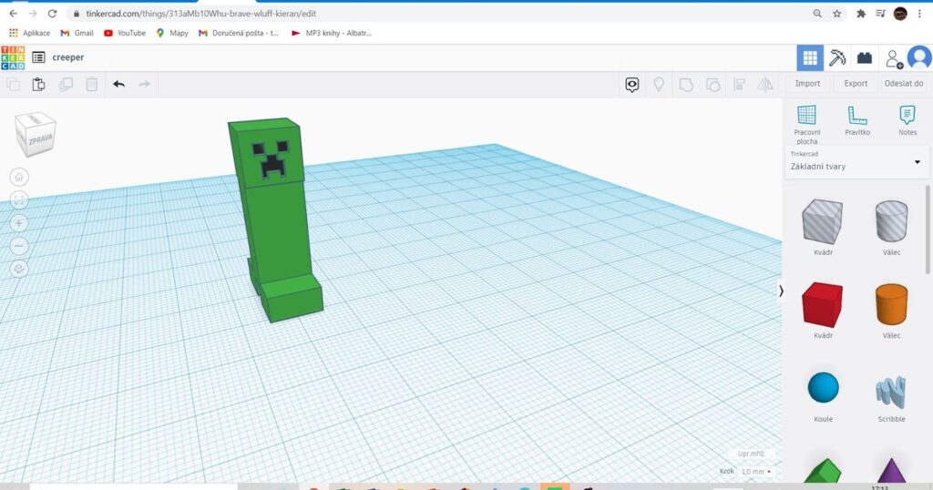 creeper 3D modeling of a green block character in Tinkercad on a grid workspace. | Sky Rye Design 3D modeling of a green block character in Tinkercad on a grid workspace.
