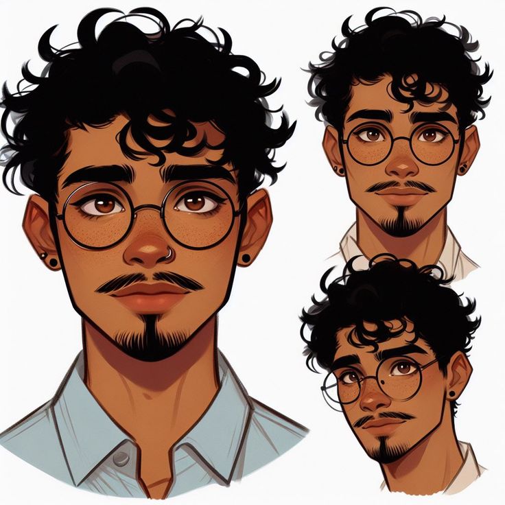 criado pelo chat gpt Illustrated character with curly hair, glasses, and a goatee in three different poses, wearing a collared shirt. | Sky Rye Design Illustrated character with curly hair, glasses, and a goatee in three different poses, wearing a collared shirt.