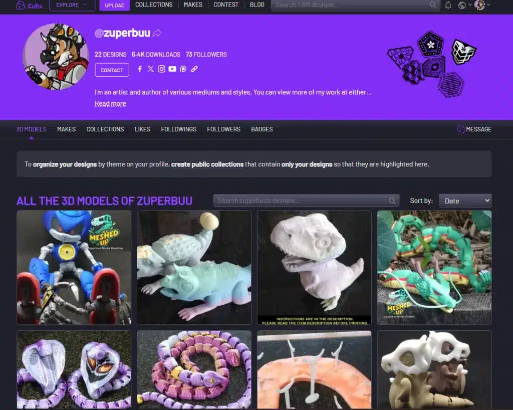 cults3d Zuperbuu's 3D model collection page on Cults3D, showcasing a variety of unique and creative designs, including animals and characters. | Sky Rye Design Zuperbuu's 3D model collection page on Cults3D, showcasing a variety of unique and creative designs, including animals and characters.