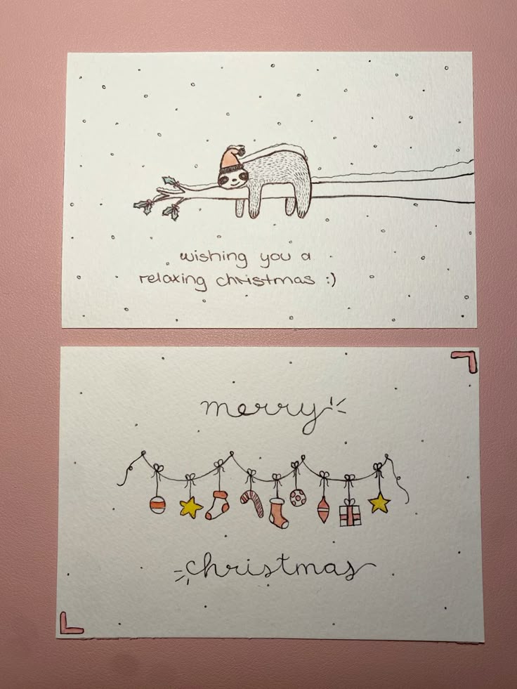 cute christmas cards Cute Christmas cards with a sloth wishing a relaxing holiday and festive decorations on string, set against a pink background. | Sky Rye Design Cute Christmas cards with a sloth wishing a relaxing holiday and festive decorations on string, set against a pink background.