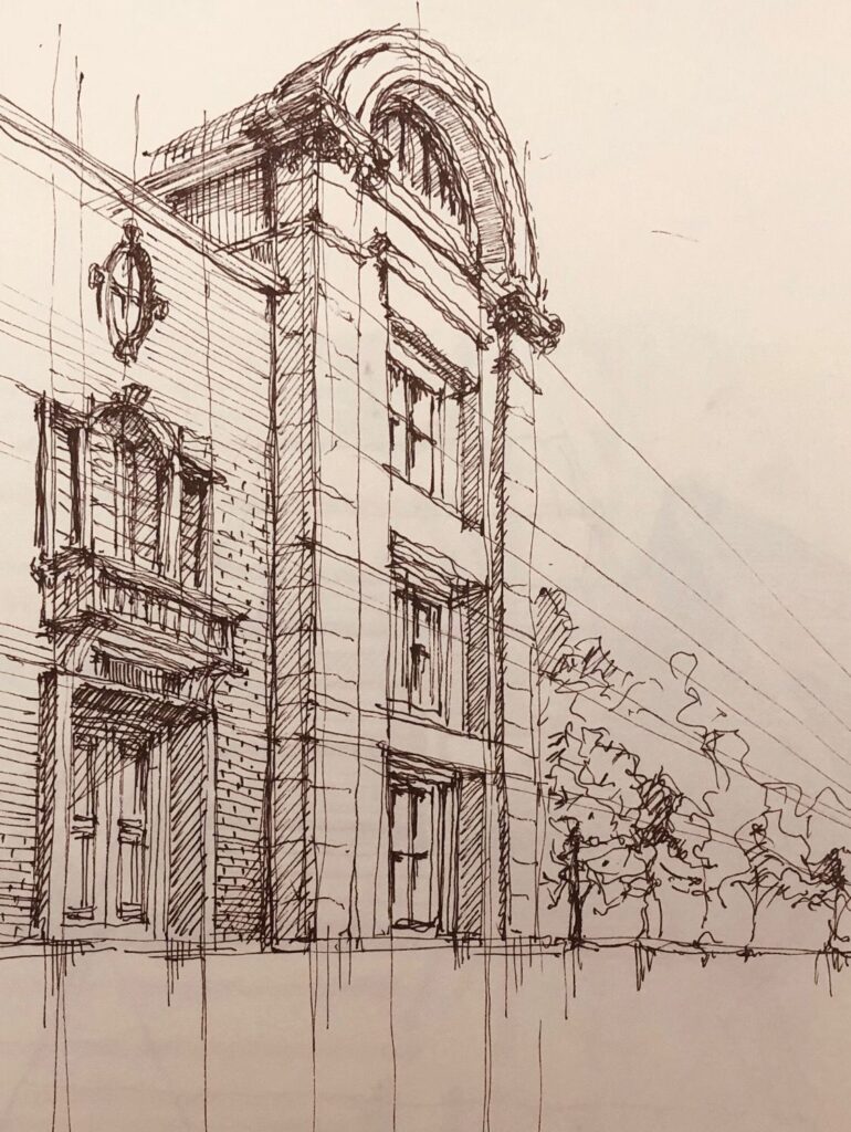 d09b91c3036f6098219f598c47643069 Sketch of a classic building facade with arched windows and detailed architecture, depicting elegant design and structure. | Sky Rye Design Sketch of a classic building facade with arched windows and detailed architecture, depicting elegant design and structure.