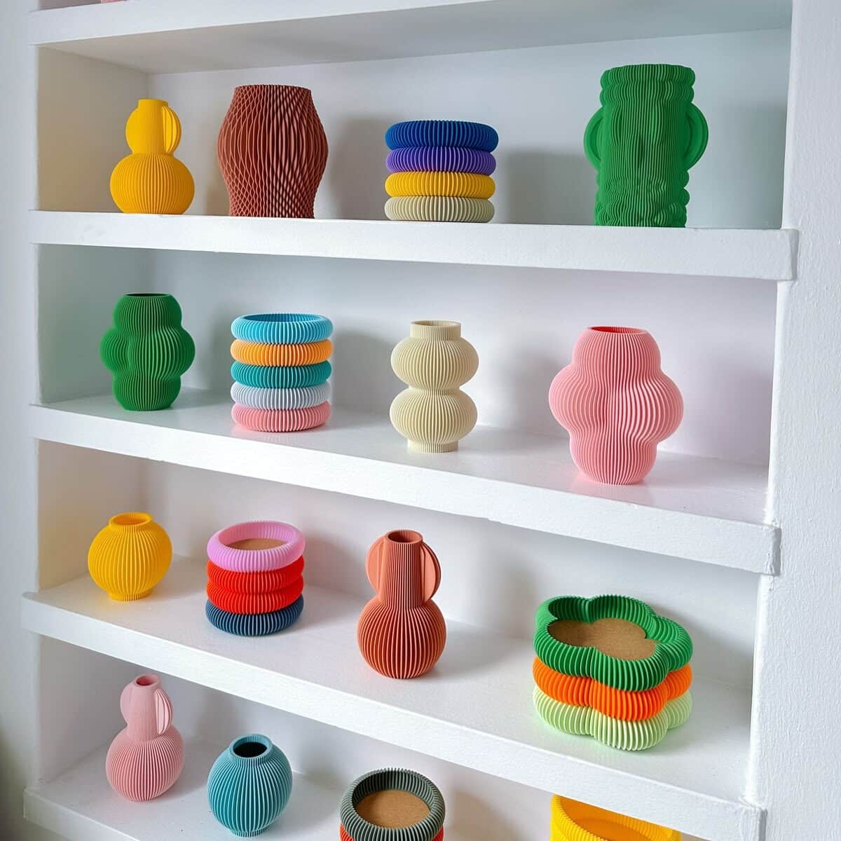 d15a2cdf86f0a8238c2b62315b153217 Colorful 3D printed vases and sculptures displayed on white shelves, showcasing modern design and vibrant home décor elements. | Sky Rye Design Colorful 3D printed vases and sculptures displayed on white shelves, showcasing modern design and vibrant home décor elements.