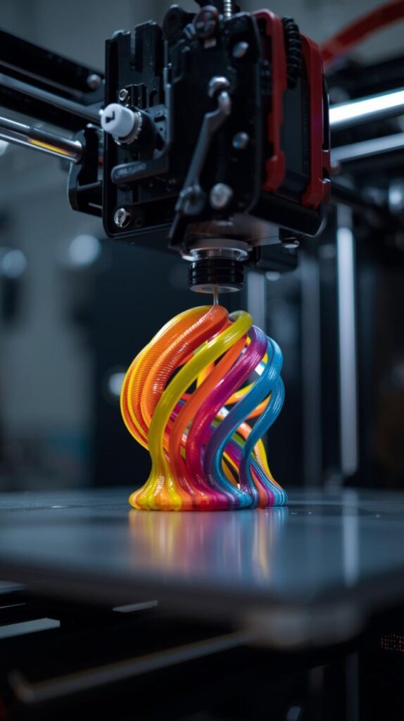 d178ea18800aa3a760105384f645ac90 Colorful 3D printed sculpture being created by a 3D printer, showcasing intricate design and vibrant hues in a workshop setting. | Sky Rye Design Colorful 3D printed sculpture being created by a 3D printer, showcasing intricate design and vibrant hues in a workshop setting.