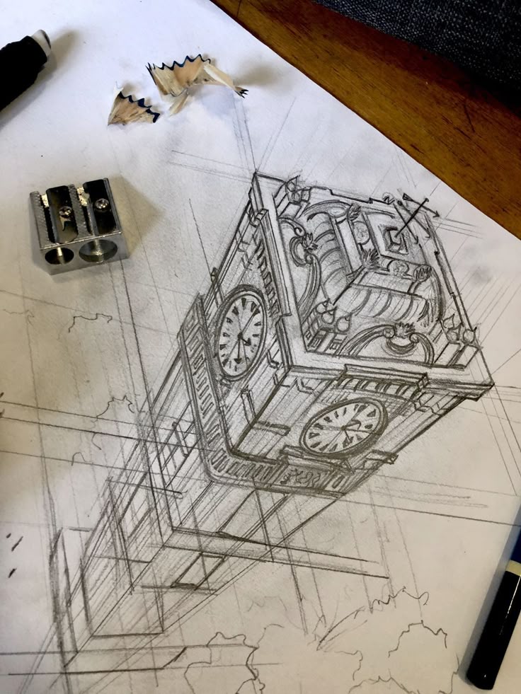 d2250f1f83221a78a6f0549f852c1751 Pencil sketch of a clock tower with detailed architecture, surrounded by drawing materials and shavings on a desk. | Sky Rye Design Pencil sketch of a clock tower with detailed architecture, surrounded by drawing materials and shavings on a desk.