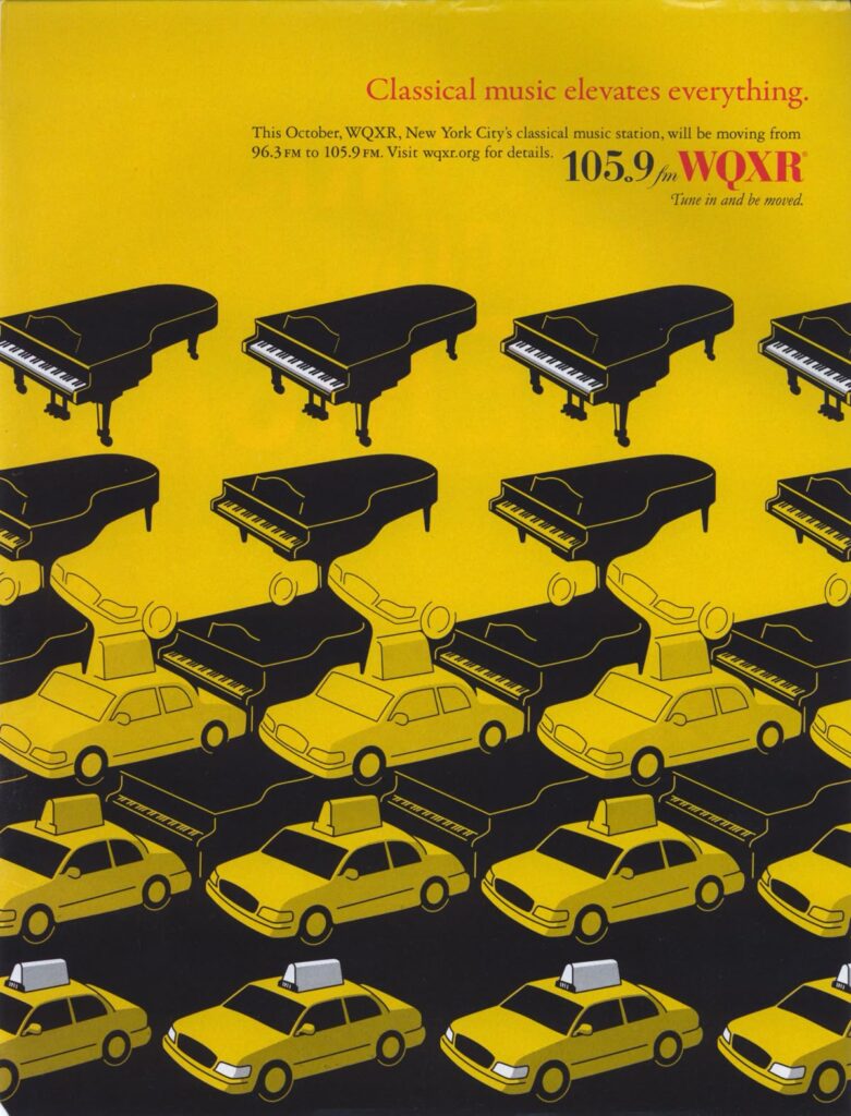 Yellow taxis and grand pianos illustrate WQXR's classical music transition to 105.9 FM in New York City, October.