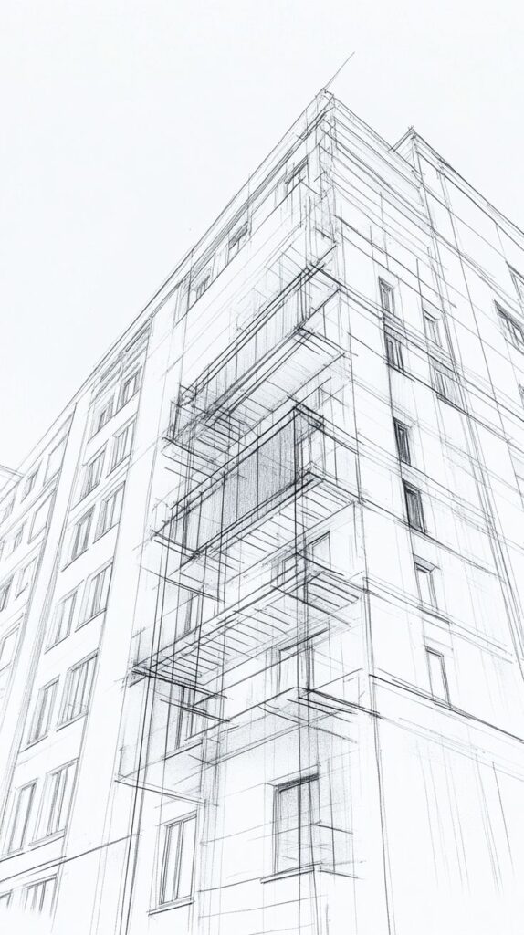 d2ce8ad6339f5cb62ca93d6e0ecace07 Architectural sketch of a modern building facade with balconies, highlighting detailed design and urban development planning concepts. | Sky Rye Design Architectural sketch of a modern building facade with balconies, highlighting detailed design and urban development planning concepts.