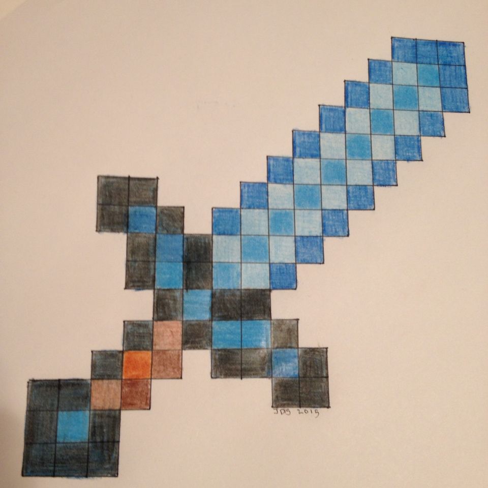 Pixelated blue and black sword illustration, inspired by video game design, displayed on a white background.