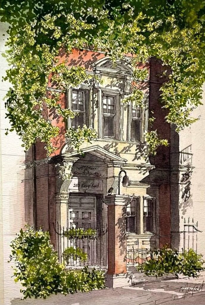 d51be2a4-1a27-427a-b7bf-7d394bdad5c1 Watercolor illustration of a classic brick townhouse with ornate details, framed by lush greenery at 258 King's Road. | Sky Rye Design Watercolor illustration of a classic brick townhouse with ornate details, framed by lush greenery at 258 King's Road.