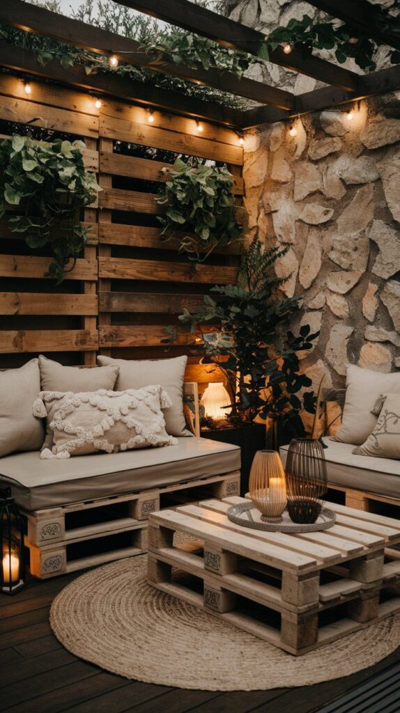 d5ebc955e56725e5e13f0f3dee5e9817 Cozy outdoor patio with pallet furniture, string lights, and plants, creating a warm, inviting ambiance for relaxation or social gatherings. | Sky Rye Design Cozy outdoor patio with pallet furniture, string lights, and plants, creating a warm, inviting ambiance for relaxation or social gatherings.