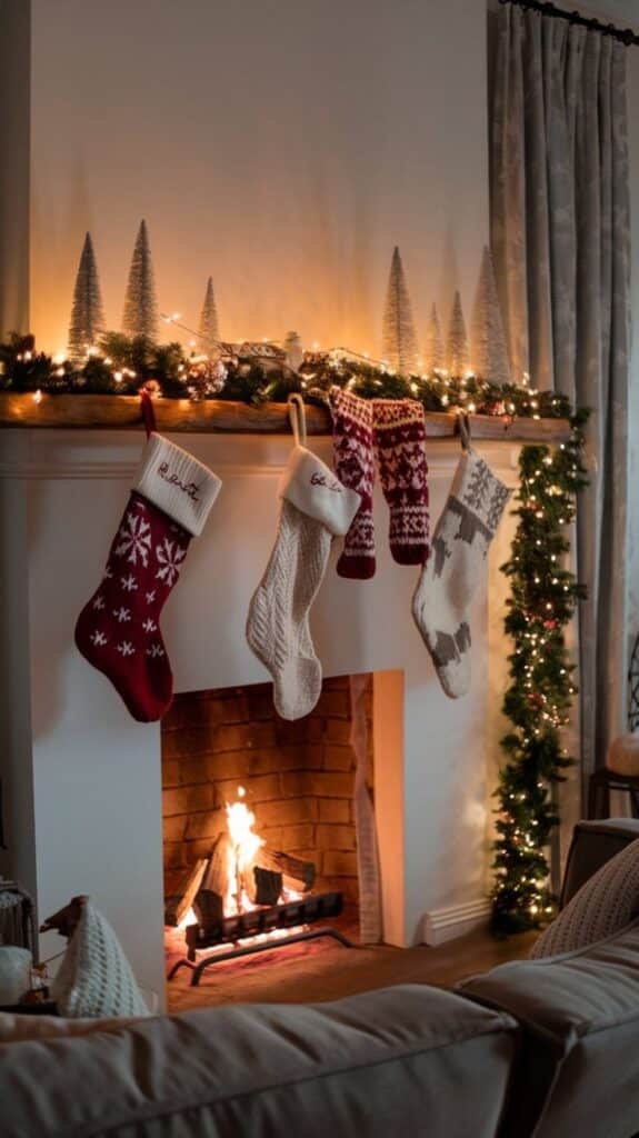 d5ef0c4e6aad89b82a18f1b8f1f1b2e6 Cozy Christmas scene with stockings hung on a decorated mantle, glowing lights, and a warm fire in the fireplace. Perfect holiday ambiance. | Sky Rye Design Cozy Christmas scene with stockings hung on a decorated mantle, glowing lights, and a warm fire in the fireplace. Perfect holiday ambiance.