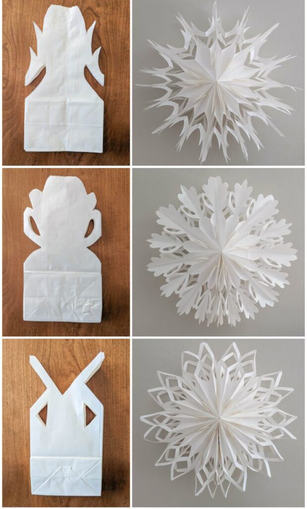 d9254a900367e5245e969f11a3a740de Three paper bag snowflakes with intricate cut patterns, transitioning from folded to fully opened, displayed on a wooden and gray background. | Sky Rye Design Three paper bag snowflakes with intricate cut patterns, transitioning from folded to fully opened, displayed on a wooden and gray background.