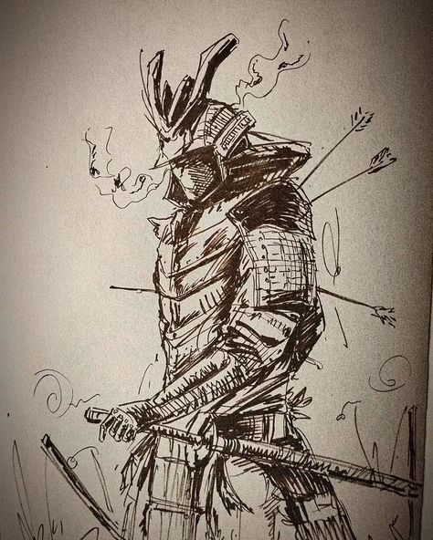 d9cc3888650103798d85baa661495772 Ink sketch of a warrior in detailed armor with arrows, standing amidst smoke, exuding strength and resilience. | Sky Rye Design Ink sketch of a warrior in detailed armor with arrows, standing amidst smoke, exuding strength and resilience.
