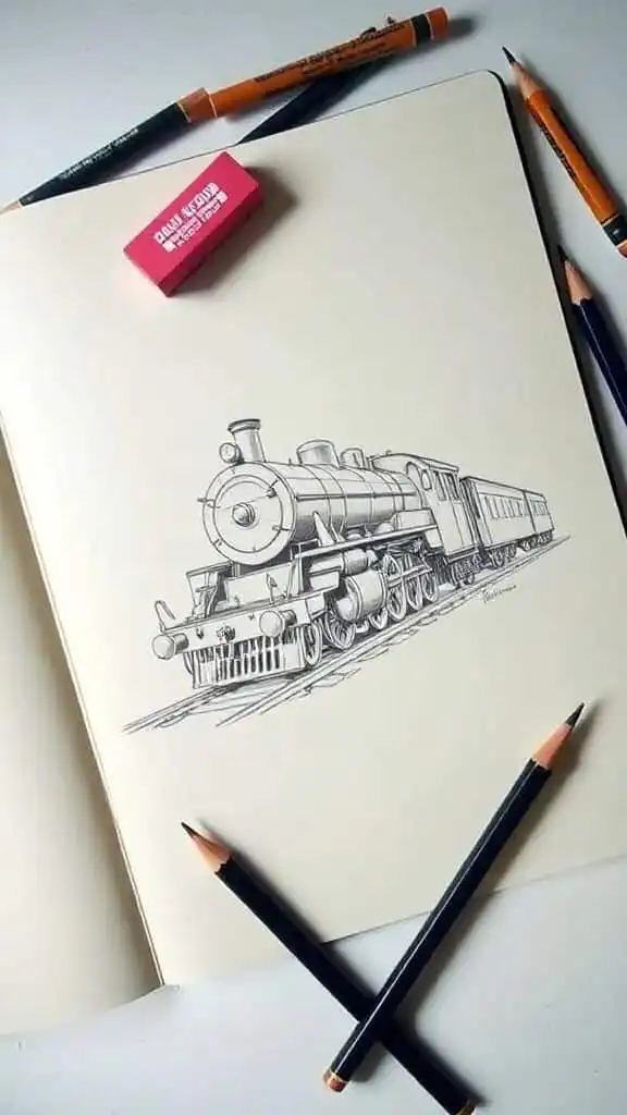 Sketch of a vintage steam train on a notebook, surrounded by pencils and an eraser, highlighting creativity and artistic focus.