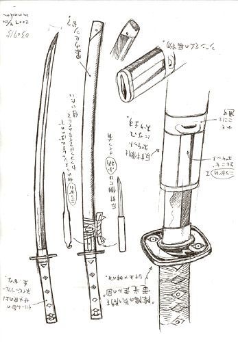 Illustrated katana design sketch with detailed annotations in Japanese, highlighting blade, handle, and sheath components.