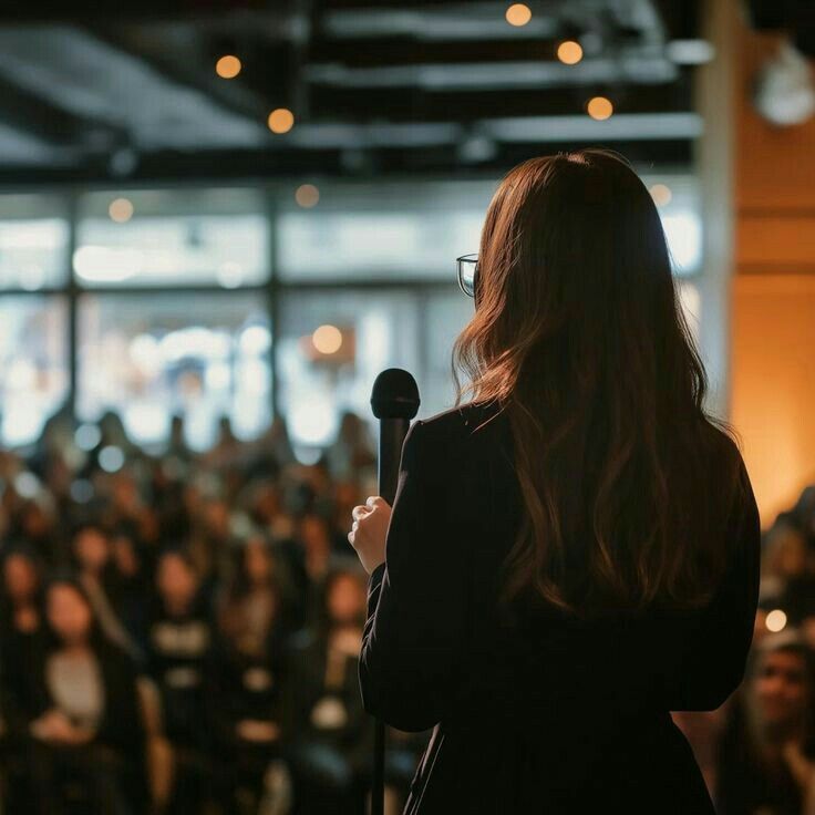 Speaker addresses attentive audience in a modern event space, highlighting professional public speaking and engagement.