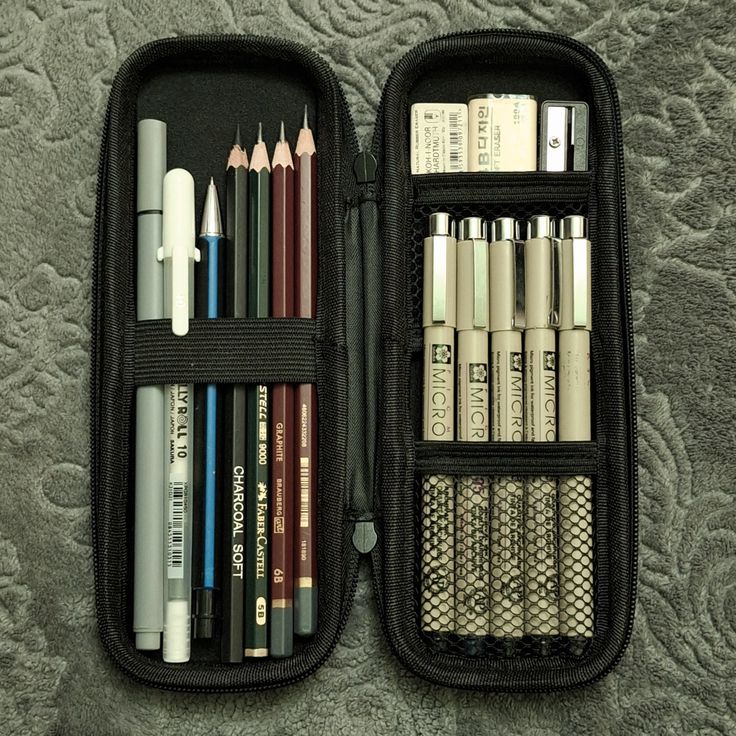 dca8eb6c6ddc529c1cd95a5c221521e8 Open pencil case with drawing tools including pencils, pens, erasers, and a sharpener, arranged neatly on a patterned surface. | Sky Rye Design Open pencil case with drawing tools including pencils, pens, erasers, and a sharpener, arranged neatly on a patterned surface.