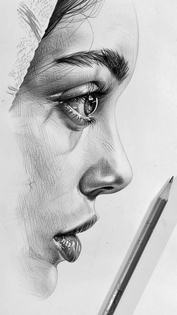 dcb72bb0-786f-461e-b24f-79ee90feeeaf Detailed pencil sketch of a woman's face in profile, showcasing realistic shading and texture, with a pencil beside the drawing. | Sky Rye Design Detailed pencil sketch of a woman's face in profile, showcasing realistic shading and texture, with a pencil beside the drawing.