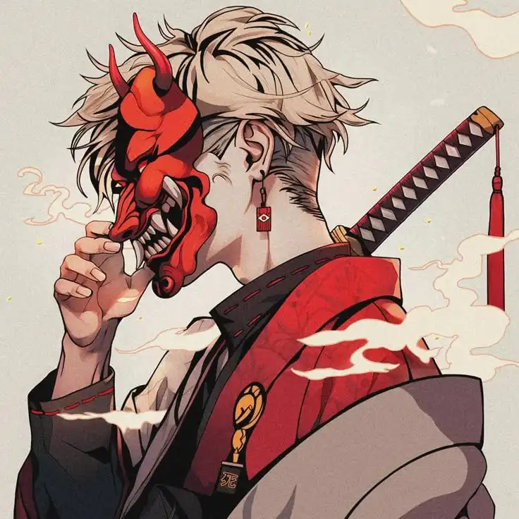 dced6a3d-847a-46c1-a65b-d8436fa2e62a Anime character wearing a red demon mask and traditional attire, holding a katana, with flowing blonde hair and ornate earrings. | Sky Rye Design Anime character wearing a red demon mask and traditional attire, holding a katana, with flowing blonde hair and ornate earrings.