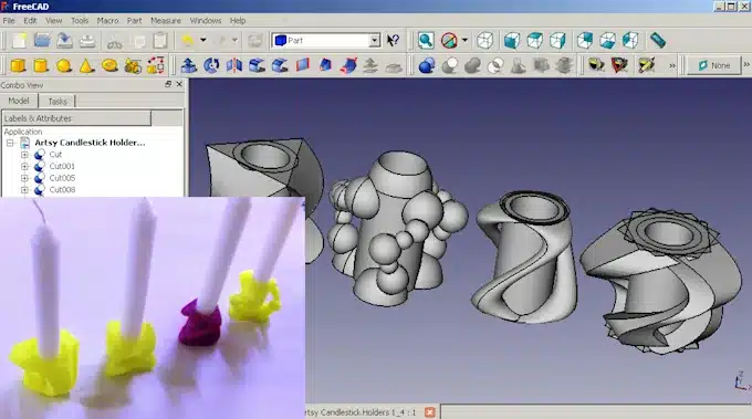 design-a-simple-object-for-3d-printing-in-freecad FreeCAD software showing 3D designs of candlestick holders beside a photo of colorful 3D-printed candlestick holders with candles. | Sky Rye Design FreeCAD software showing 3D designs of candlestick holders beside a photo of colorful 3D-printed candlestick holders with candles.