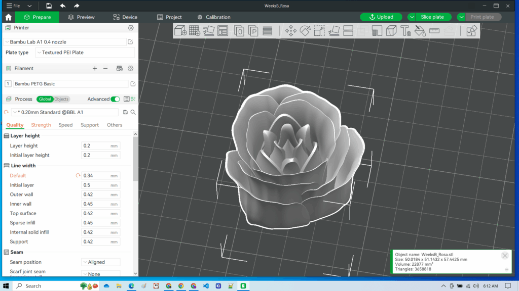3D modeling software interface showing a rose design with settings for Bambu Lab printer and PETG filament.