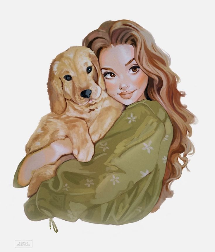 Illustration of a smiling woman with long hair hugging a golden retriever puppy, wrapped in a green floral blanket. Drawing Anime Pets