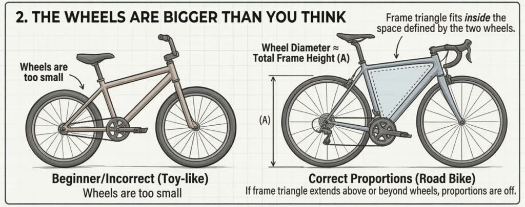 Diagram comparing small-wheeled beginner bike with correct road bike proportions; wheel diameter ≈ total frame height