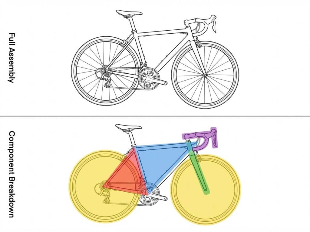 Road bike diagram showing full assembly (top) and component breakdown (bottom) with colored overlays for frame, fork, wheels.