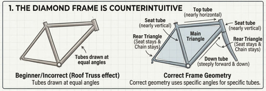 Bicycle diamond frame geometry diagram comparing incorrect roof-truss frame vs correct frame angles with labeled tubes
