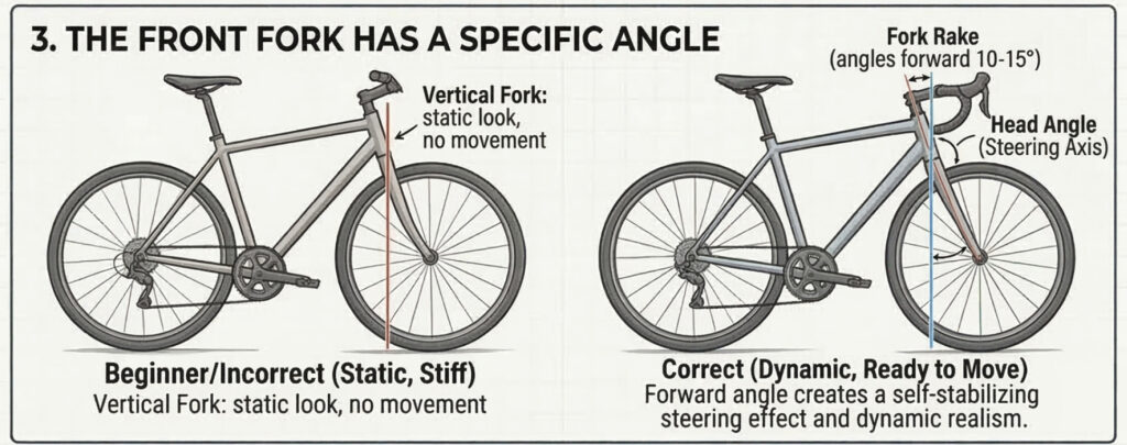 Bicycle diagram comparing vertical fork (static) vs forward fork rake (10–15°), showing head angle and steering axis