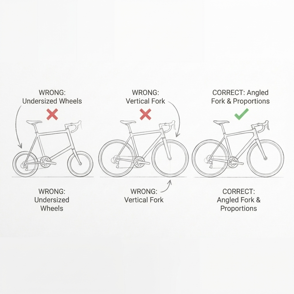 Diagram comparing bike frame errors: undersized wheels, vertical fork, and correct angled fork & proportions