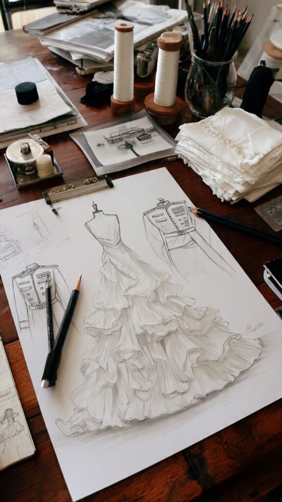 diseñando Sketch of an elegant gown on a designer's desk, surrounded by fabric, pencils, and thread in a fashion studio setting. | Sky Rye Design Sketch of an elegant gown on a designer's desk, surrounded by fabric, pencils, and thread in a fashion studio setting.