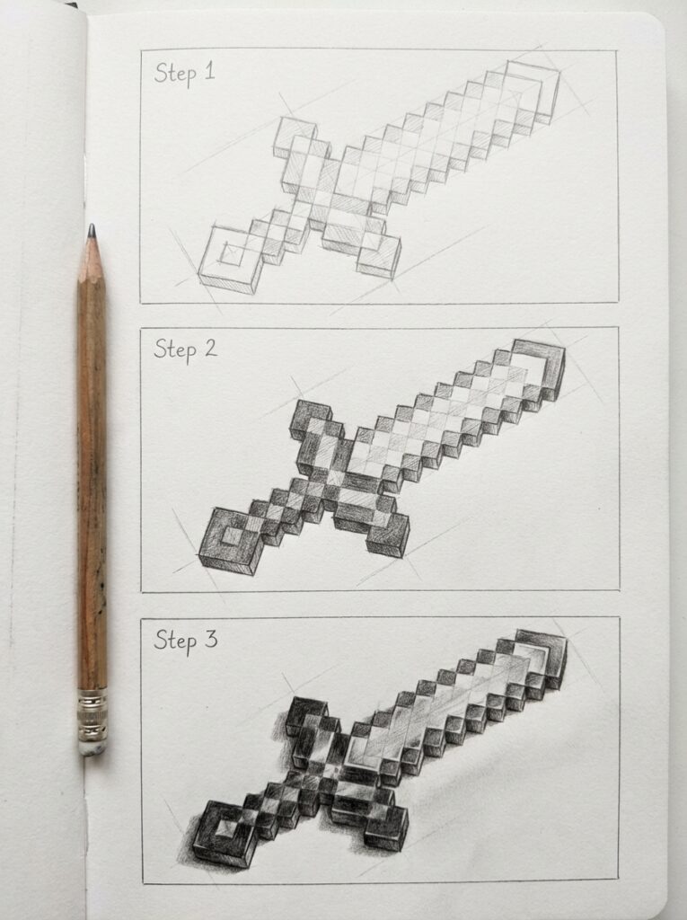 download-1 Step-by-step pencil drawing tutorial of a pixelated sword, from sketch to shading, on a sketchbook with a pencil beside. | Sky Rye Design Step-by-step pencil drawing tutorial of a pixelated sword, from sketch to shading, on a sketchbook with a pencil beside.
