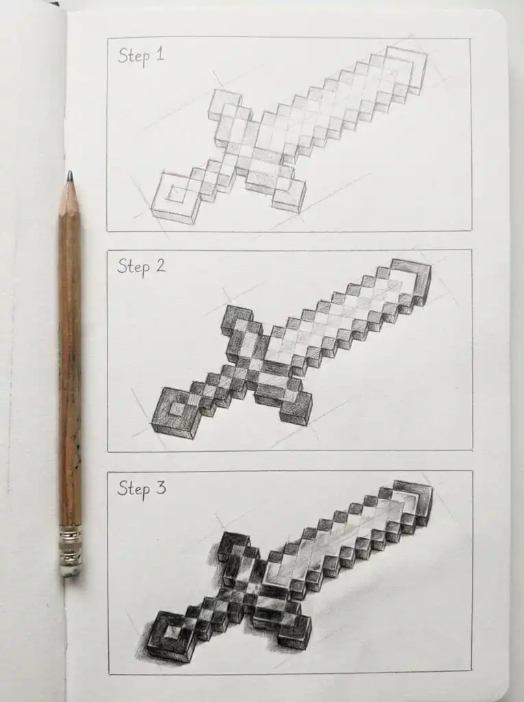 Step-by-step pencil drawing tutorial of a pixelated sword, from sketch to shading, on a sketchbook with a pencil beside.