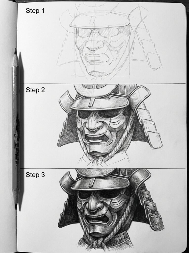 download-1 Drawing process of a samurai mask in three steps: sketch, details, and shading, showing artistic progression from start to finish. | Sky Rye Design Drawing process of a samurai mask in three steps: sketch, details, and shading, showing artistic progression from start to finish.