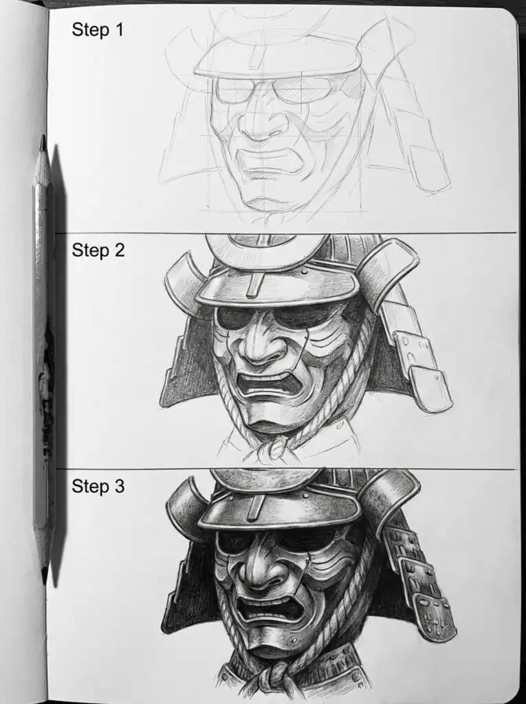 download-1 Drawing process of a samurai mask in three steps: sketch, details, and shading, showing artistic progression from start to finish. | Sky Rye Design Drawing process of a samurai mask in three steps: sketch, details, and shading, showing artistic progression from start to finish.