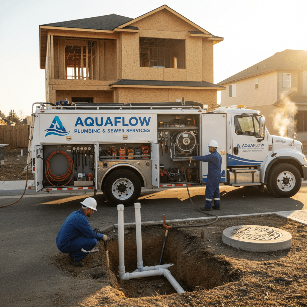 download-1 Plumbers working on sewer installation with Aquaflow truck near a new home construction site at sunset. | Sky Rye Design Plumbers working on sewer installation with Aquaflow truck near a new home construction site at sunset.