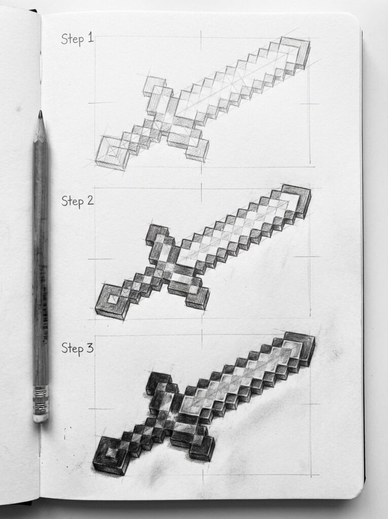 download-2 Step-by-step pencil drawing of a pixelated sword, showcasing three stages of shading on sketchbook paper, with a pencil for reference. | Sky Rye Design Step-by-step pencil drawing of a pixelated sword, showcasing three stages of shading on sketchbook paper, with a pencil for reference.