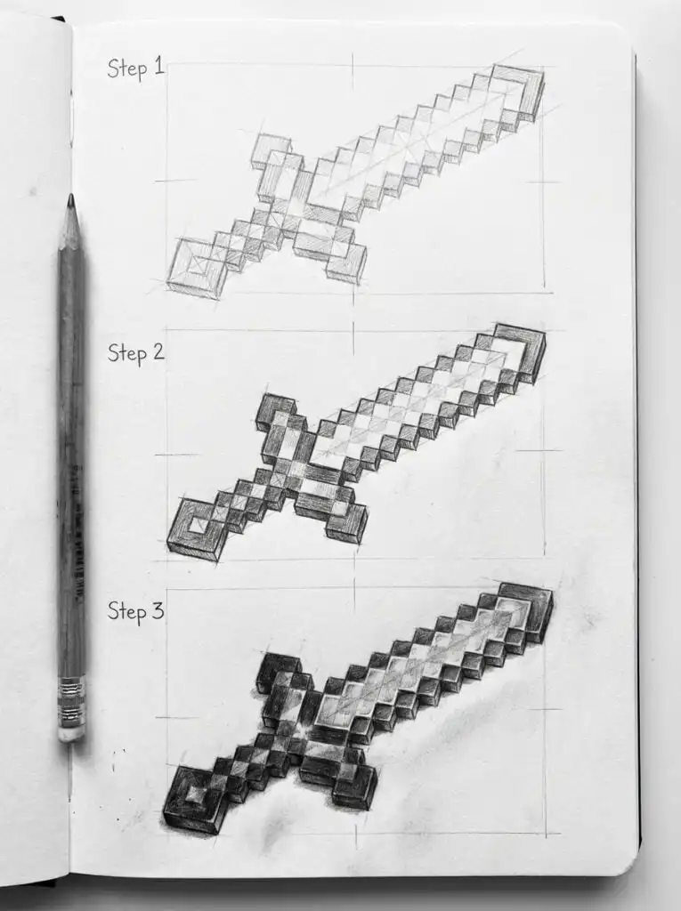 Step-by-step pencil drawing of a pixelated sword, showcasing three stages of shading on sketchbook paper, with a pencil for reference.