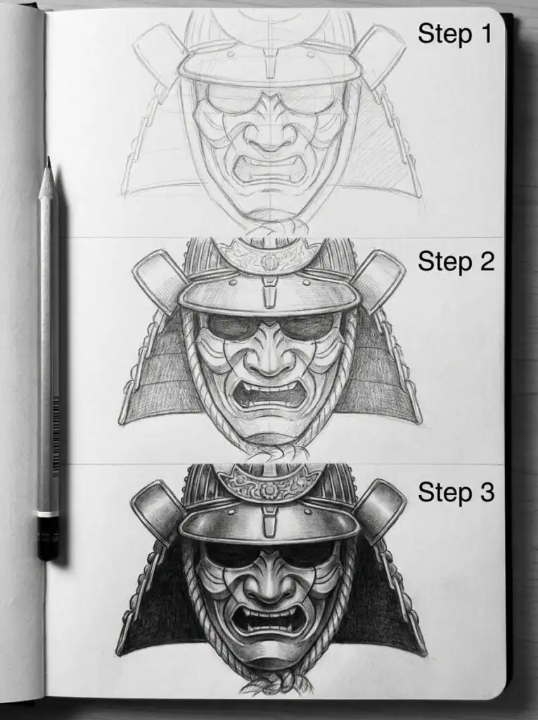 download-2 Three-step process of drawing a detailed samurai mask in pencil on sketchpad, progressing from rough outline to shaded completion. | Sky Rye Design Three-step process of drawing a detailed samurai mask in pencil on sketchpad, progressing from rough outline to shaded completion.