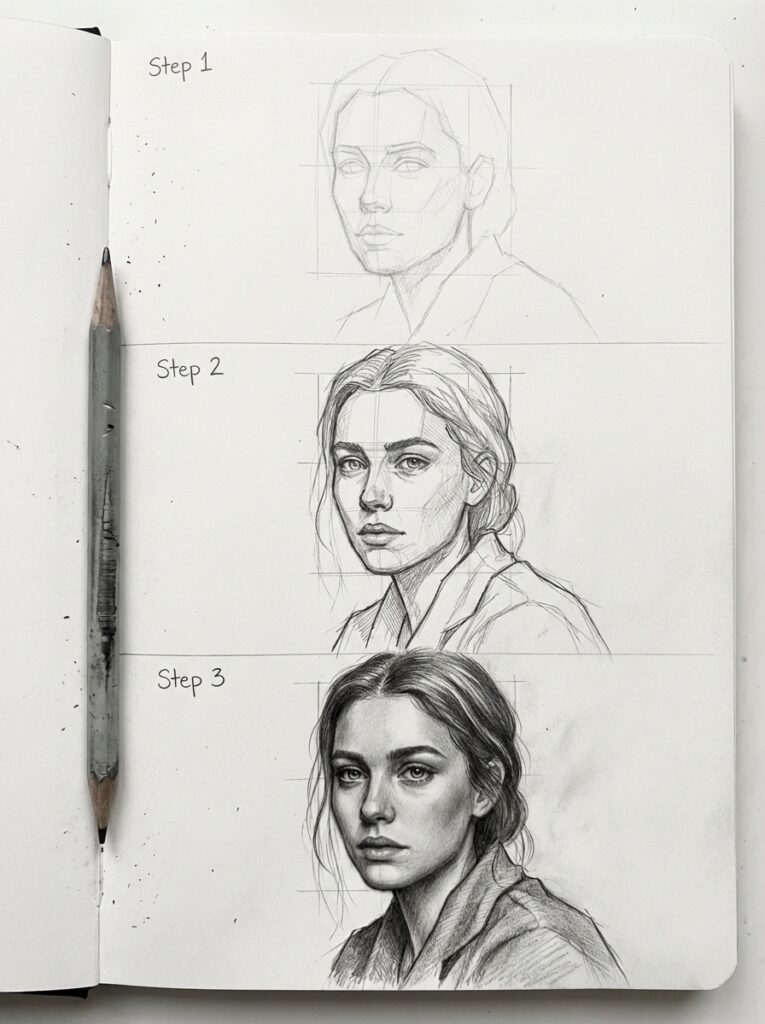 download-2 Portrait sketching process in three steps, from outline to detailed shading, alongside a pencil on an open sketchpad. | Sky Rye Design Portrait sketching process in three steps, from outline to detailed shading, alongside a pencil on an open sketchpad. how to draw people step by step