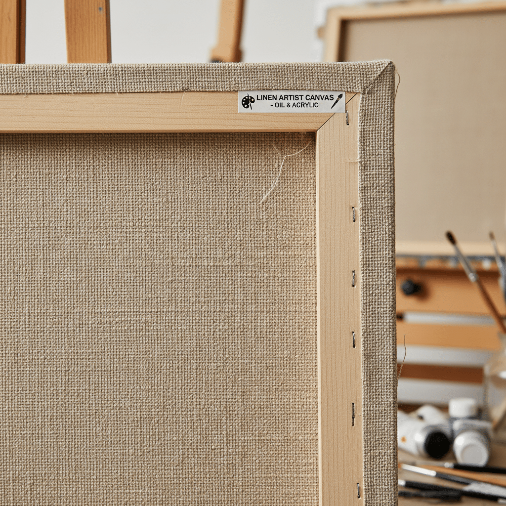 Close-up of a linen artist canvas back, showcasing its wooden frame. Art supplies in the background suggest a creative workspace.