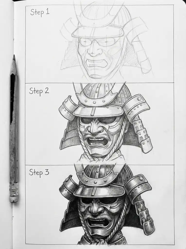 download-3 Step-by-step samurai helmet drawing tutorial in pencil, illustrating stages from sketch to detailed shading. | Sky Rye Design Step-by-step samurai helmet drawing tutorial in pencil, illustrating stages from sketch to detailed shading.