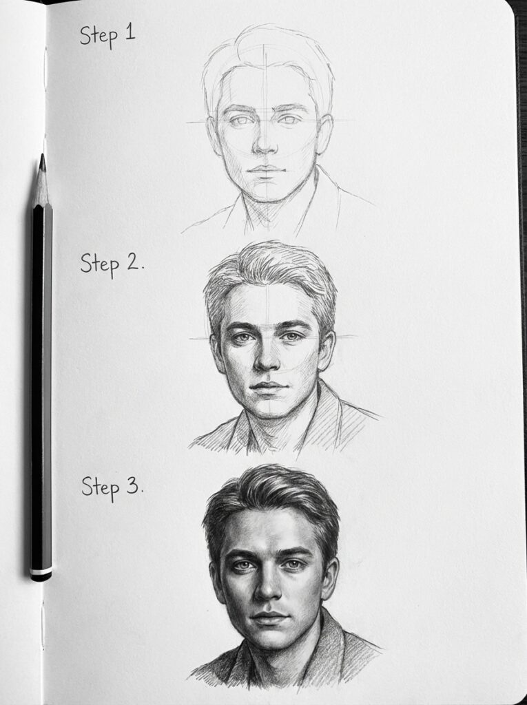 download-3 Step-by-step portrait drawing of a man from sketch to detailed realism, showcasing artistic progression on a sketchpad with pencil. | Sky Rye Design Step-by-step portrait drawing of a man from sketch to detailed realism, showcasing artistic progression on a sketchpad with pencil.