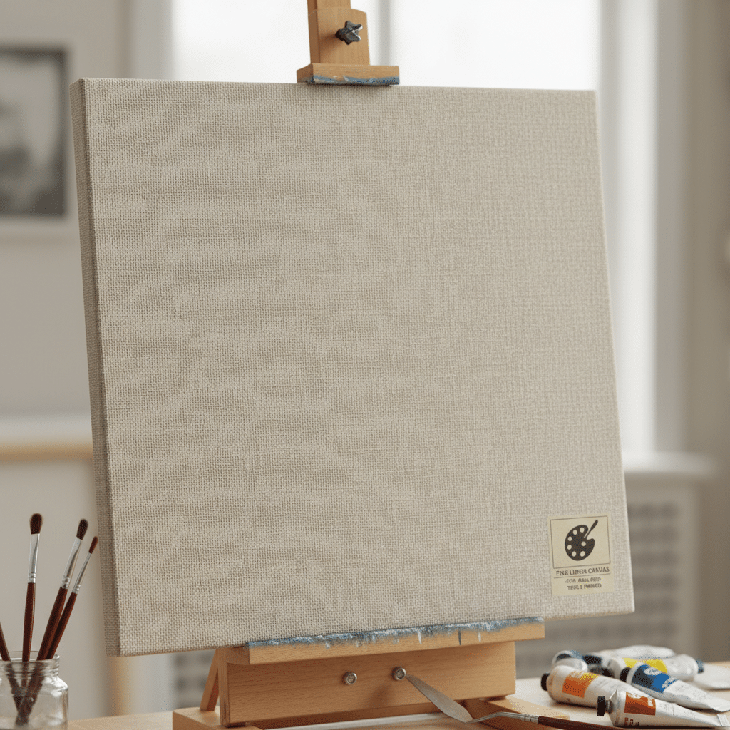 Blank canvas on an easel with brushes and paint tubes, ready for painting in a bright studio.