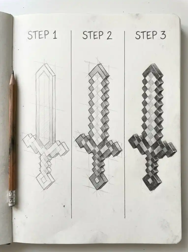 Step-by-step guide to drawing a 3D pixel sword on sketchbook with pencil, progressing from outline to detailed shading.