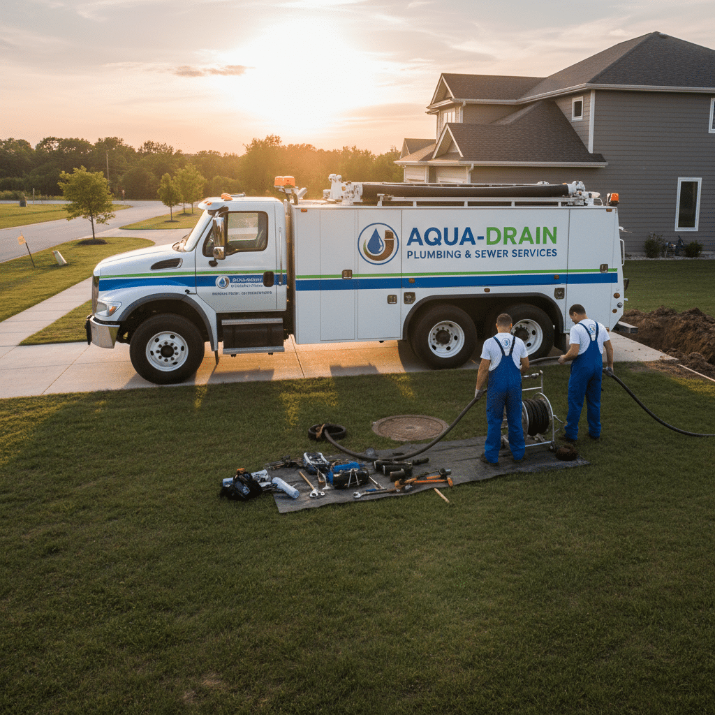 download Plumbers with an Aqua-Drain service truck work on sewer maintenance at a residential site during sunset. | Sky Rye Design Plumbers with an Aqua-Drain service truck work on sewer maintenance at a residential site during sunset.